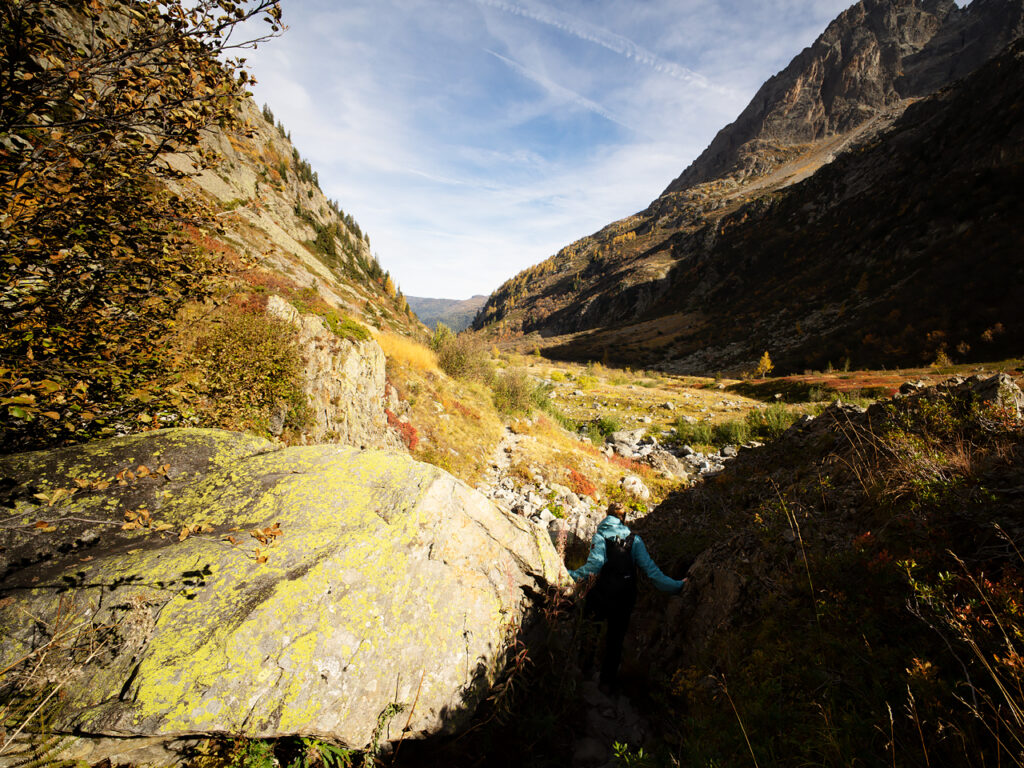 My wife Nicolien negotiating a couple of rocks in the Bérard valley.